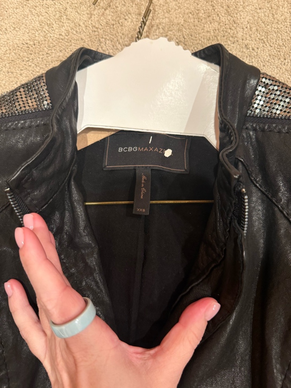 BCBGMaxAzria Black Leather Jacket with Sequin-Trim Shoulders